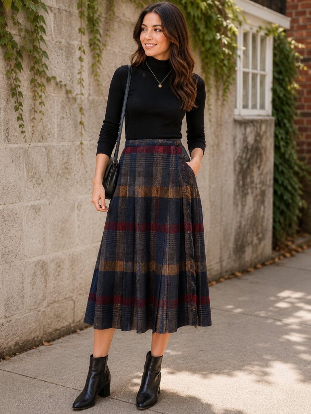 VINTAGE Panther Academia Wool Blend Plaid Wrap Midi Skirt Sz. 9/10